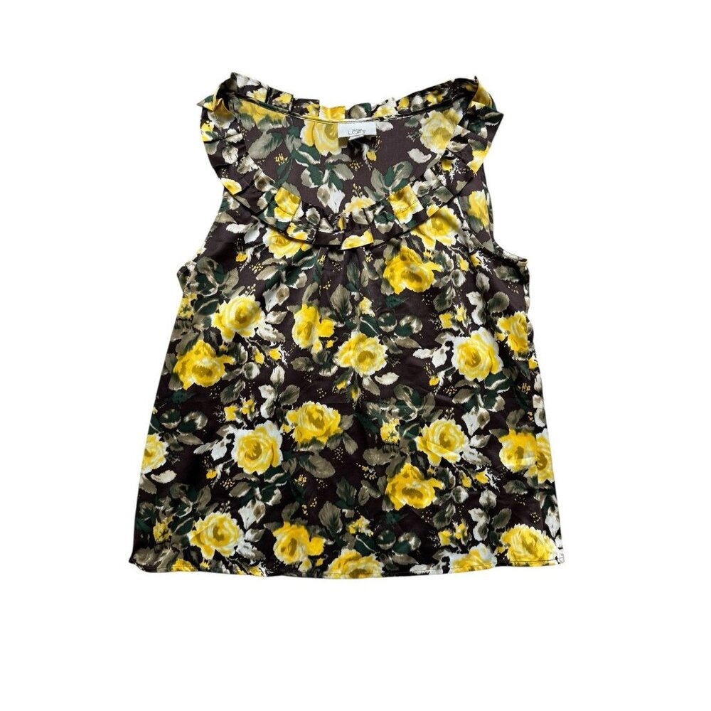 LOFT Ann Taylor Floral Sleeveless Blouse Womens Large Ruffle Neck